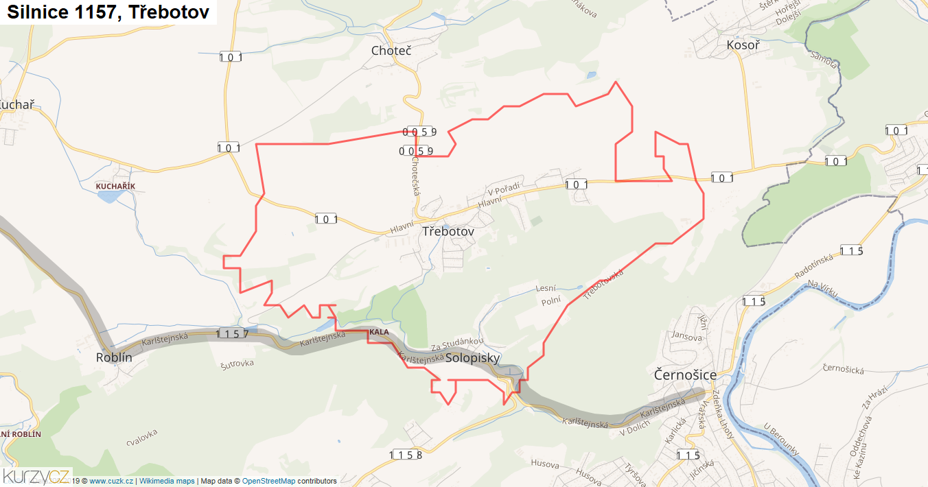 Třebotov, Silnice 1157 - Mapa