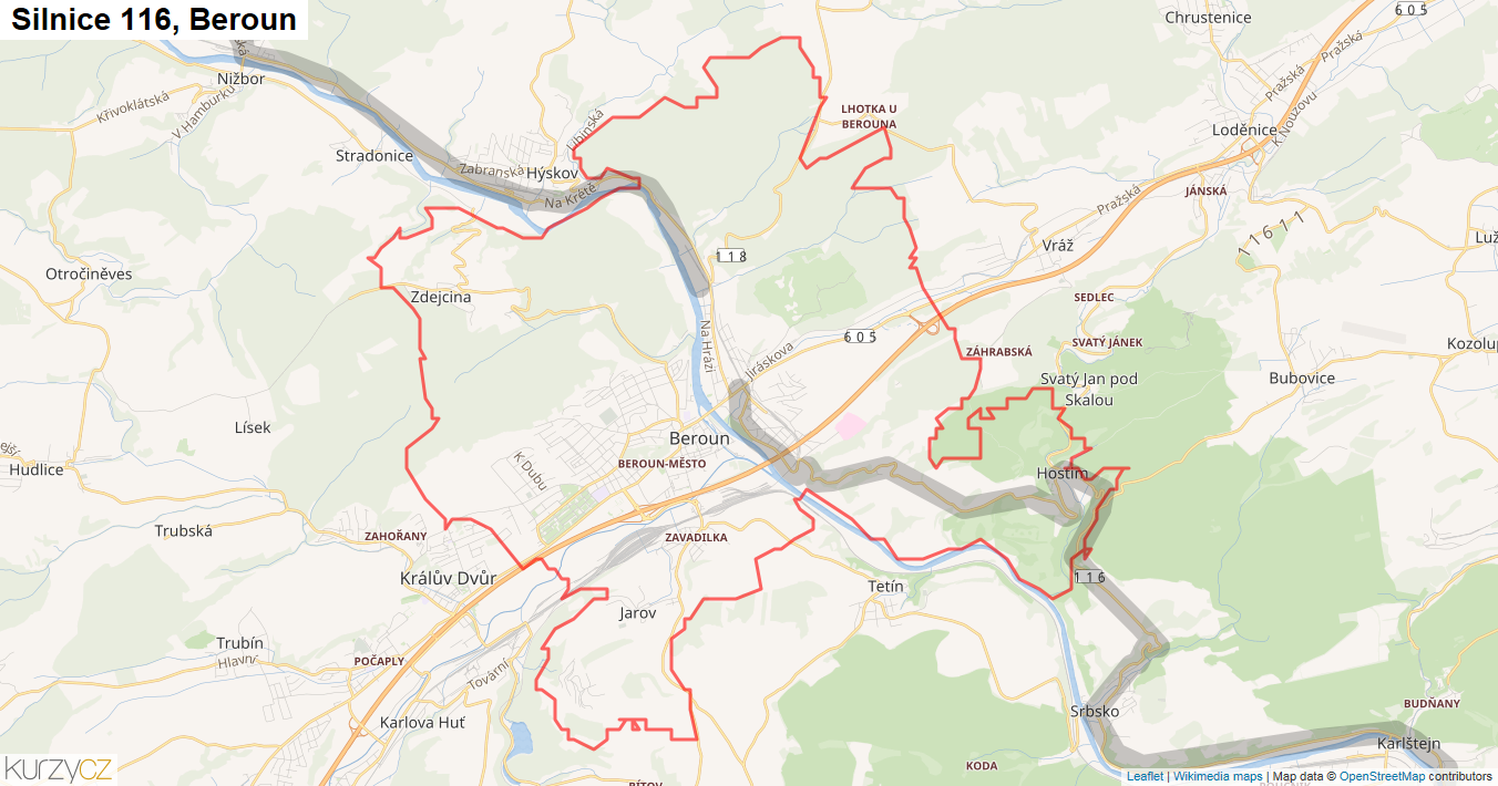 Beroun, Silnice 116 - Mapa