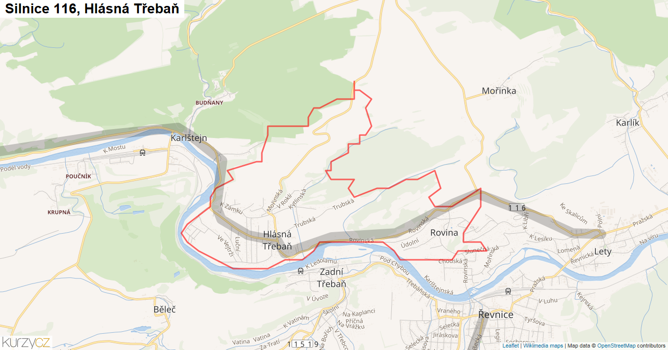 Hlásná Třebaň, Silnice 116 - Mapa