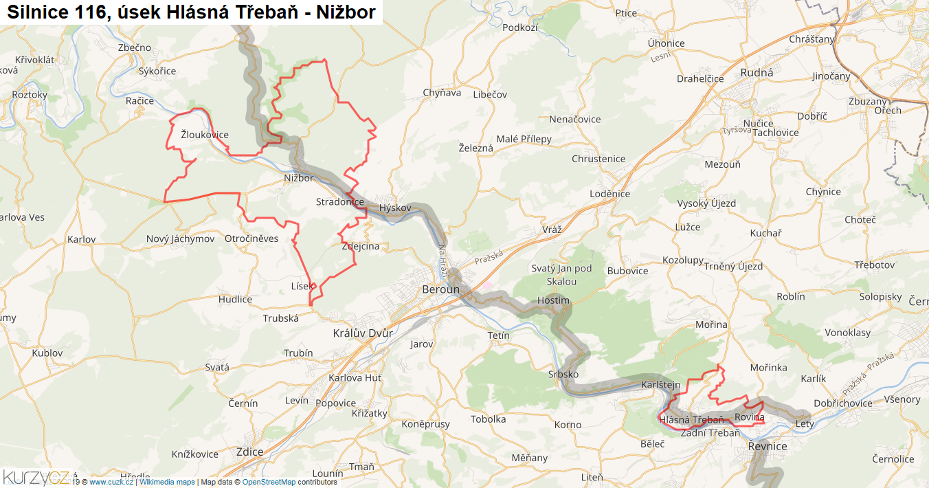 Úsek Hlásná Třebaň - Nižbor, Silnice 116 - Mapa