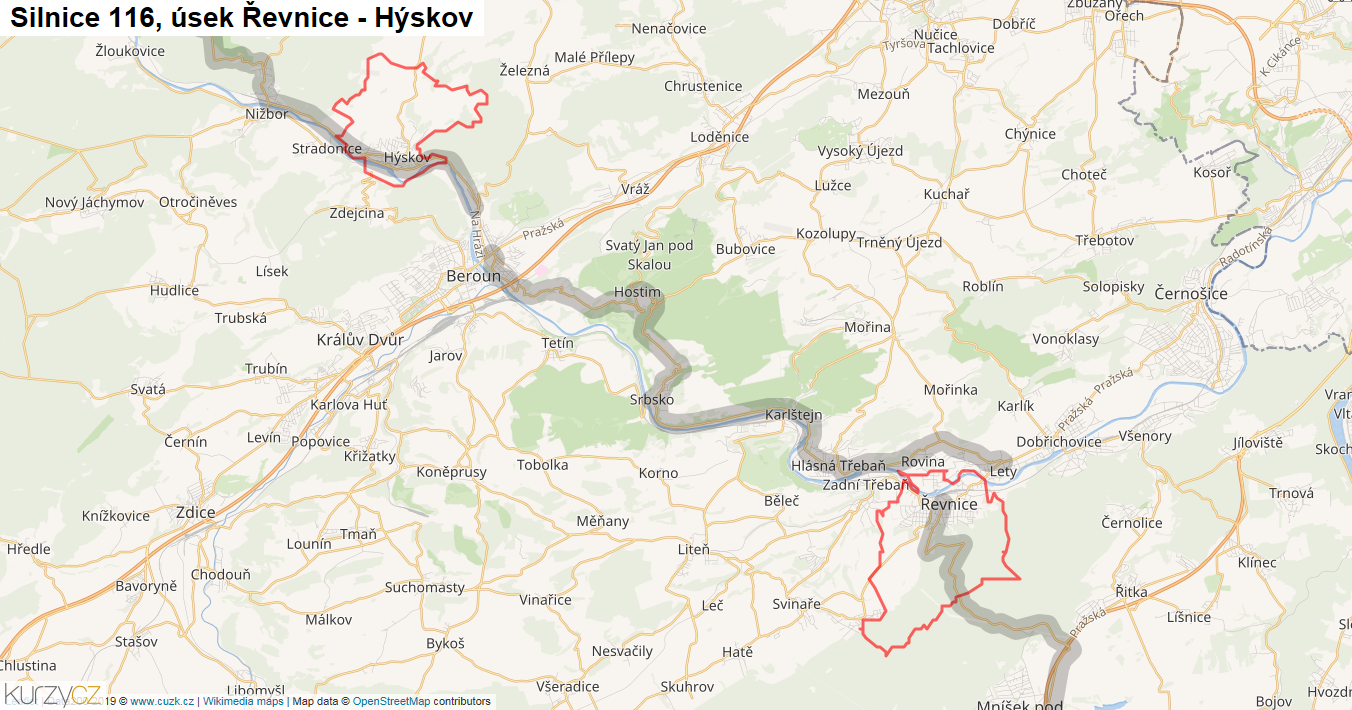 Úsek Řevnice - Hýskov, Silnice 116 - Mapa