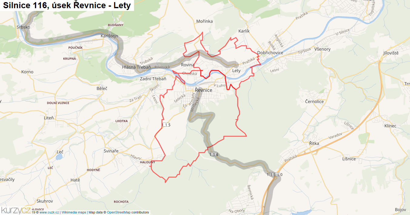 Úsek Řevnice - Lety, Silnice 116 - Mapa
