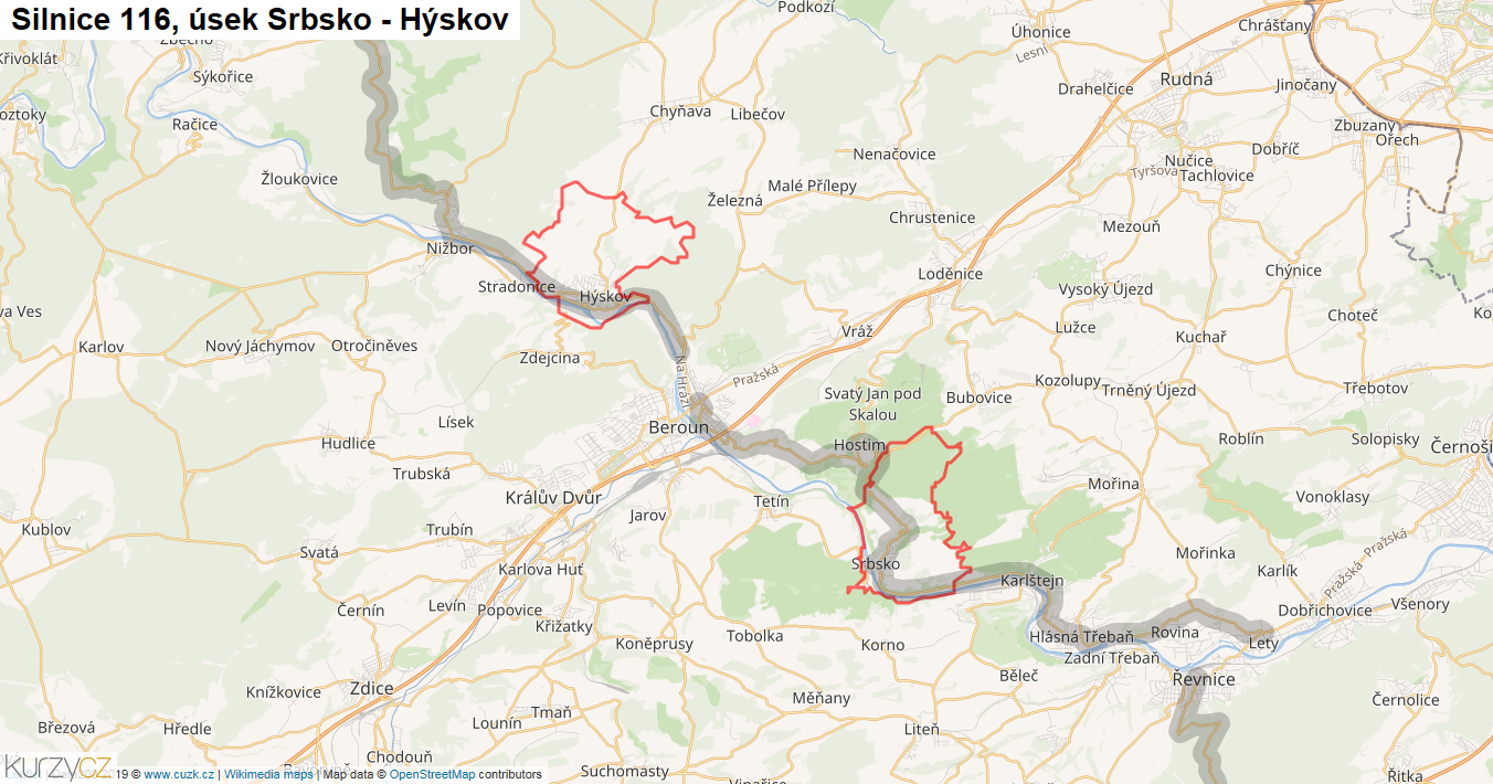 Úsek Srbsko - Hýskov, Silnice 116 - Mapa