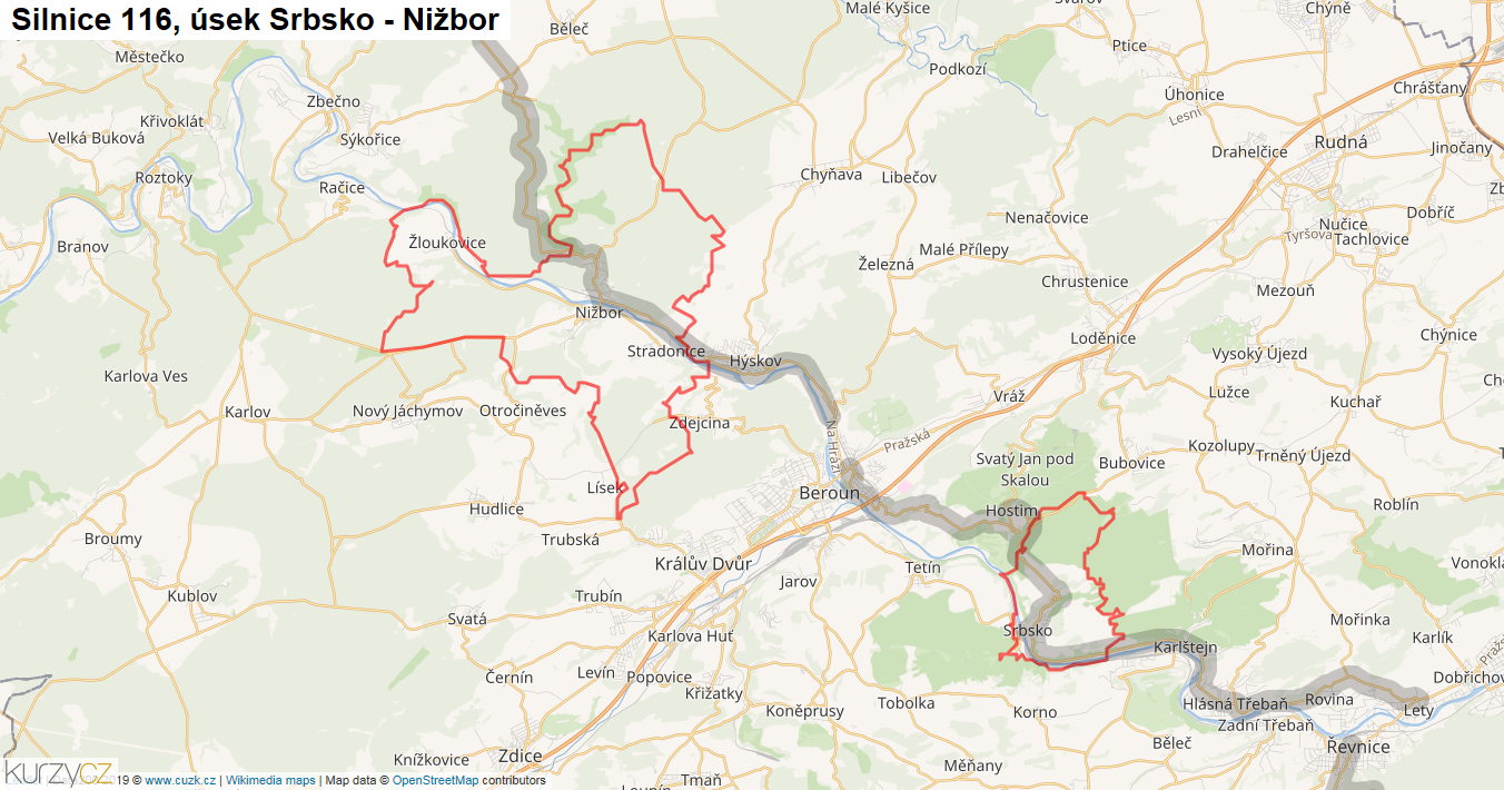 Úsek Srbsko - Nižbor, Silnice 116 - Mapa
