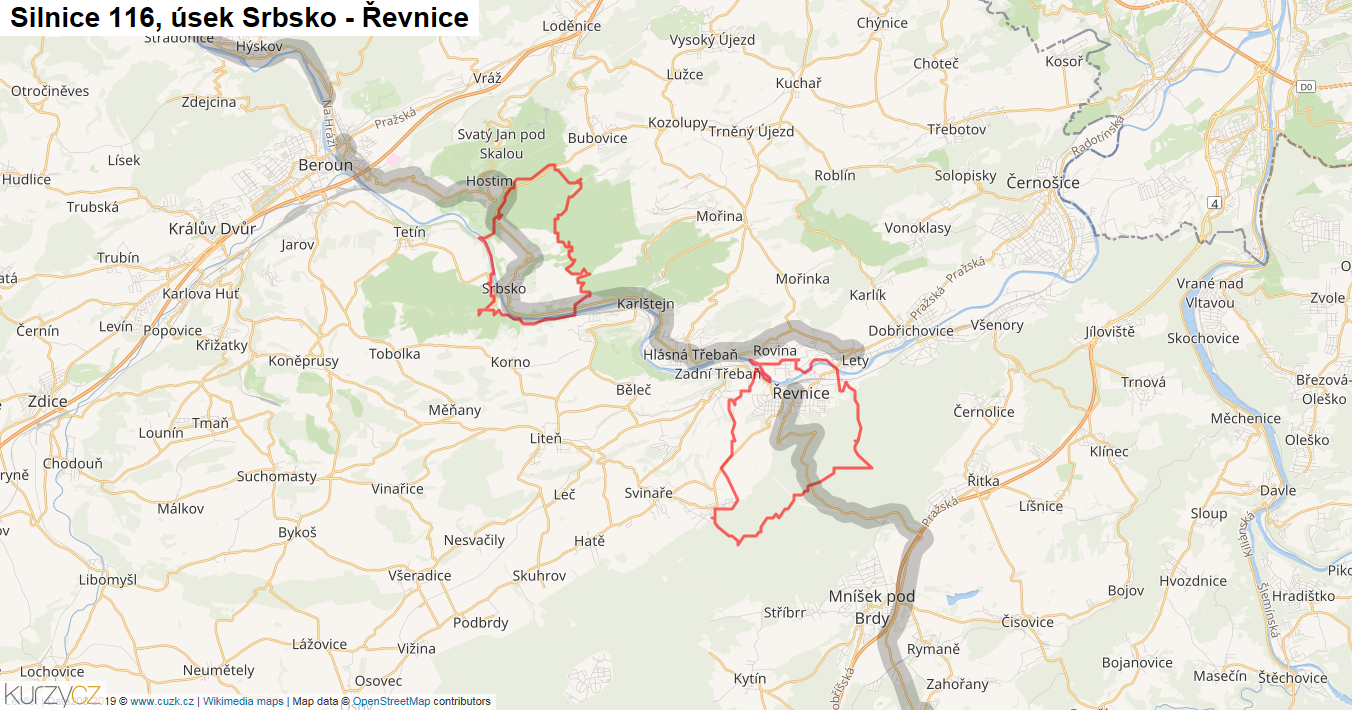 Úsek Srbsko - Řevnice, Silnice 116 - Mapa