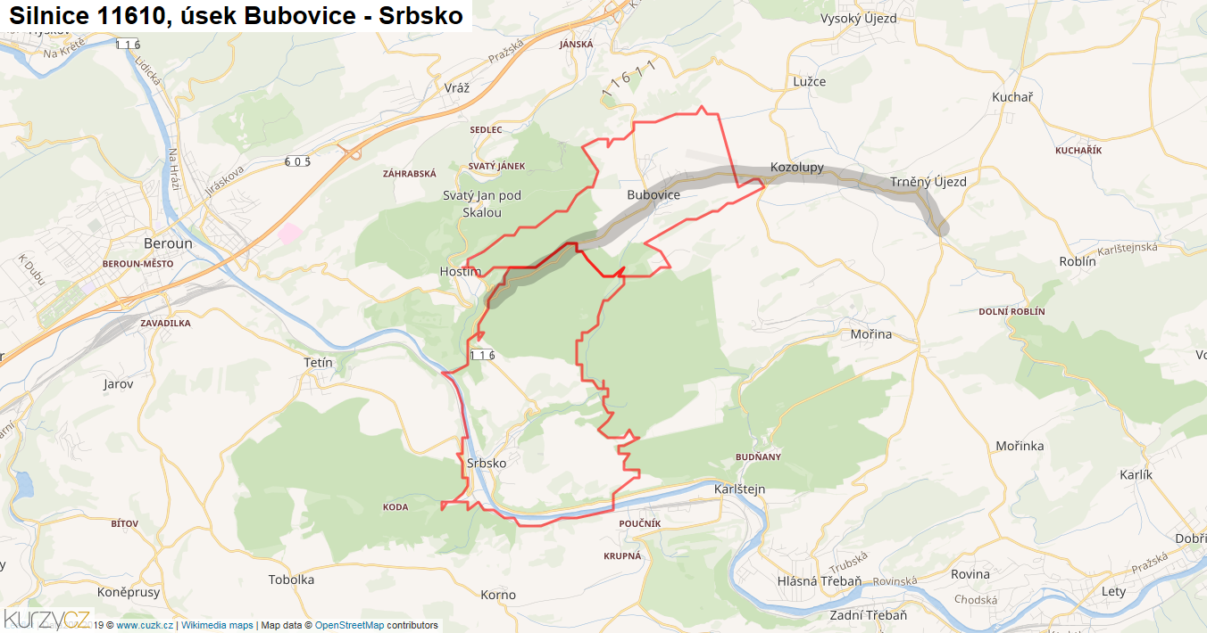 Úsek Bubovice - Srbsko, Silnice 11610 - Mapa