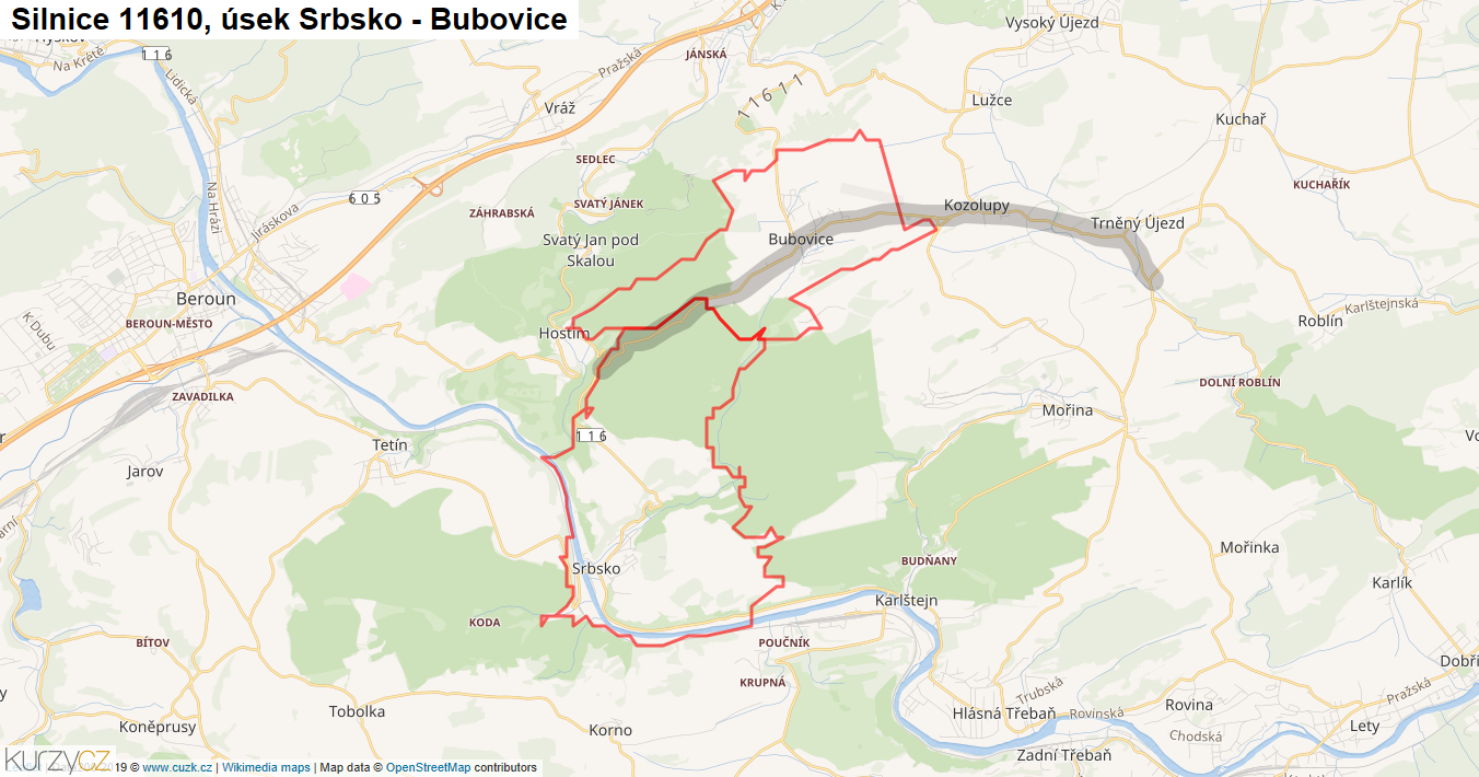 Úsek Srbsko - Bubovice, Silnice 11610 - Mapa