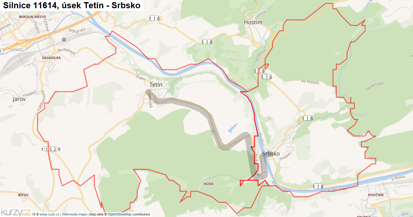 Úsek Tetín - Srbsko, Silnice 11614 - Mapa