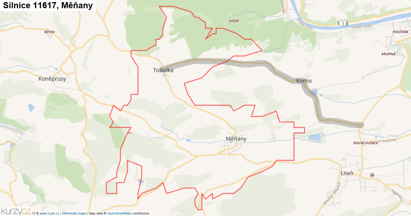 Měňany, Silnice 11617 - Mapa