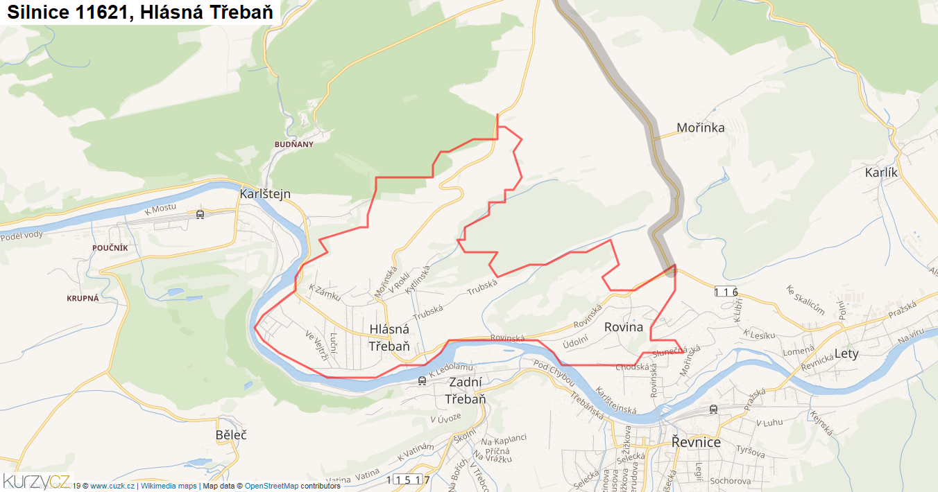 Hlásná Třebaň, Silnice 11621 - Mapa