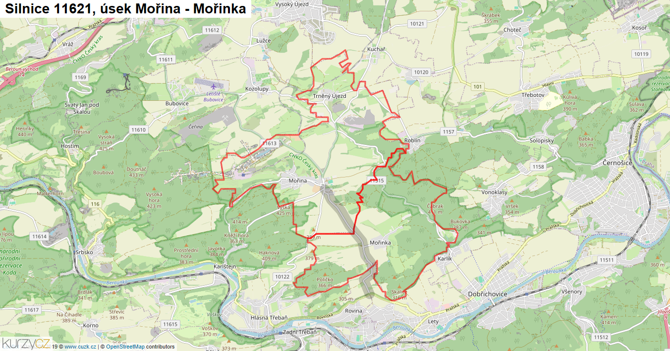Úsek Mořina - Mořinka, Silnice 11621 - Mapa