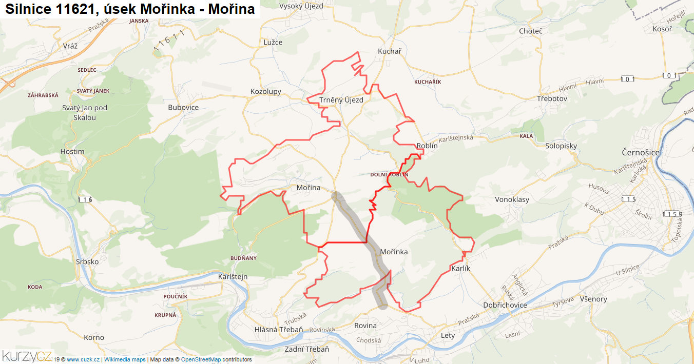 Úsek Mořinka - Mořina, Silnice 11621 - Mapa