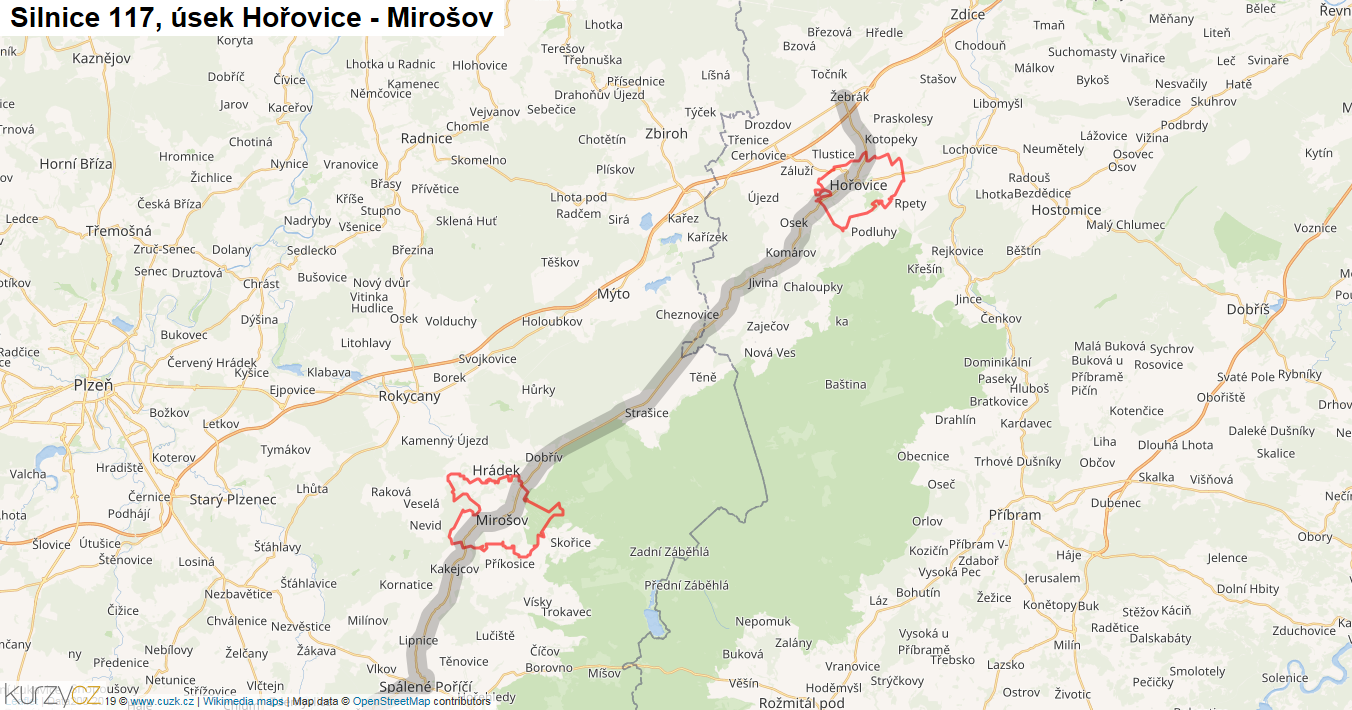 Úsek Hořovice - Mirošov, Silnice 117 - Mapa