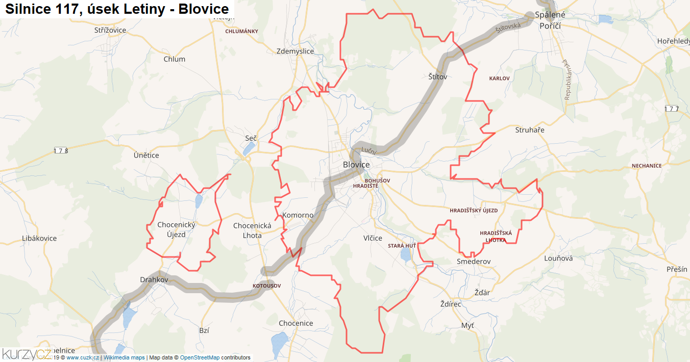 Úsek Letiny - Blovice, Silnice 117 - Mapa