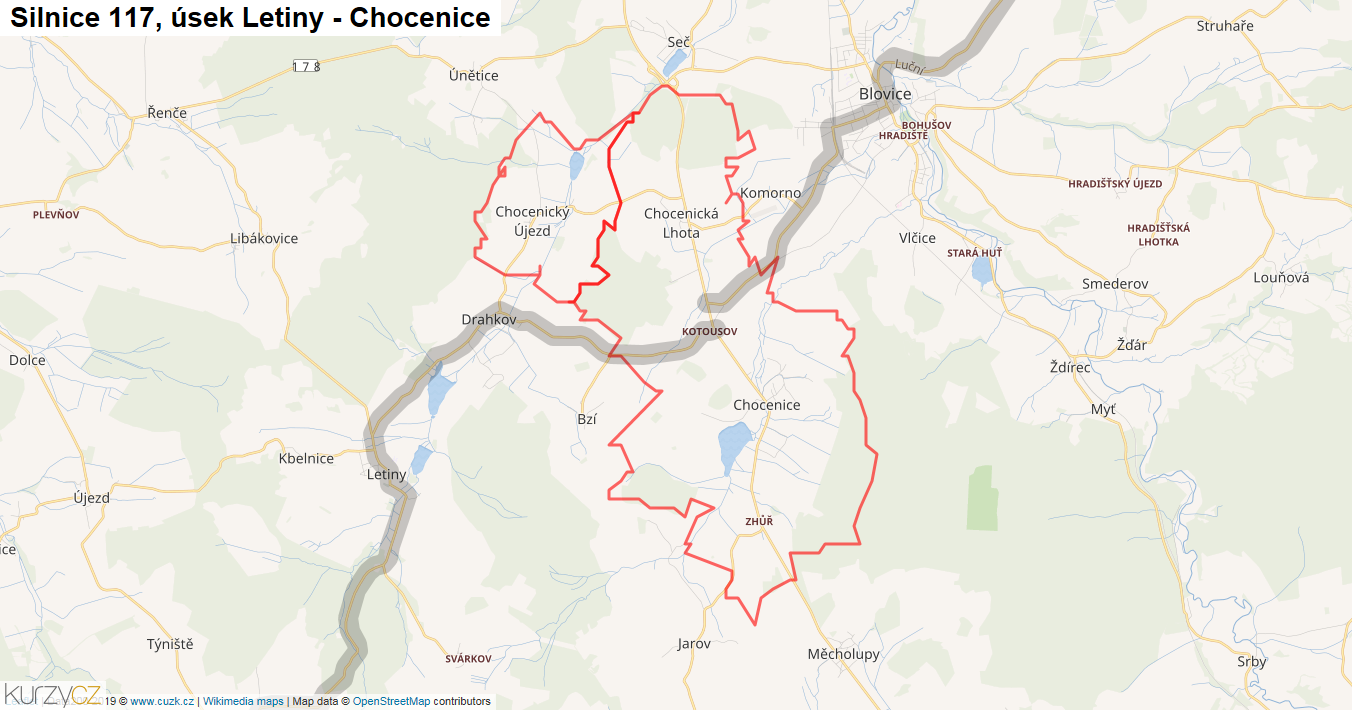Úsek Letiny - Chocenice, Silnice 117 - Mapa