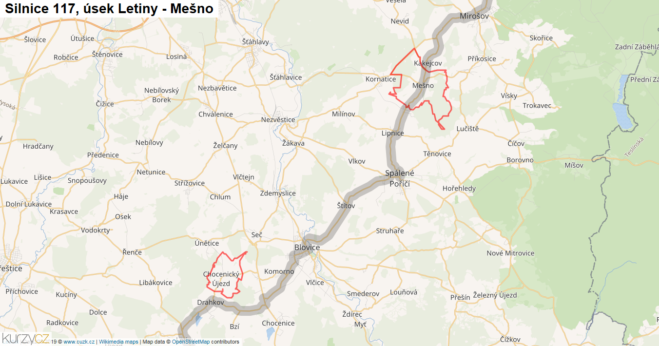 Úsek Letiny - Mešno, Silnice 117 - Mapa
