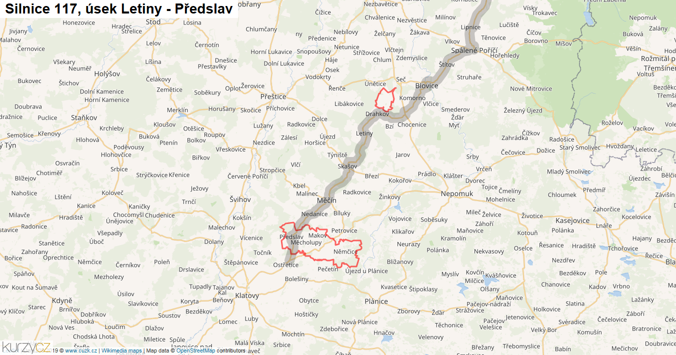 Úsek Letiny - Předslav, Silnice 117 - Mapa