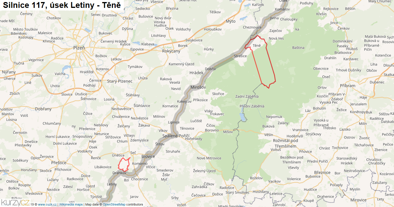 Úsek Letiny - Těně, Silnice 117 - Mapa