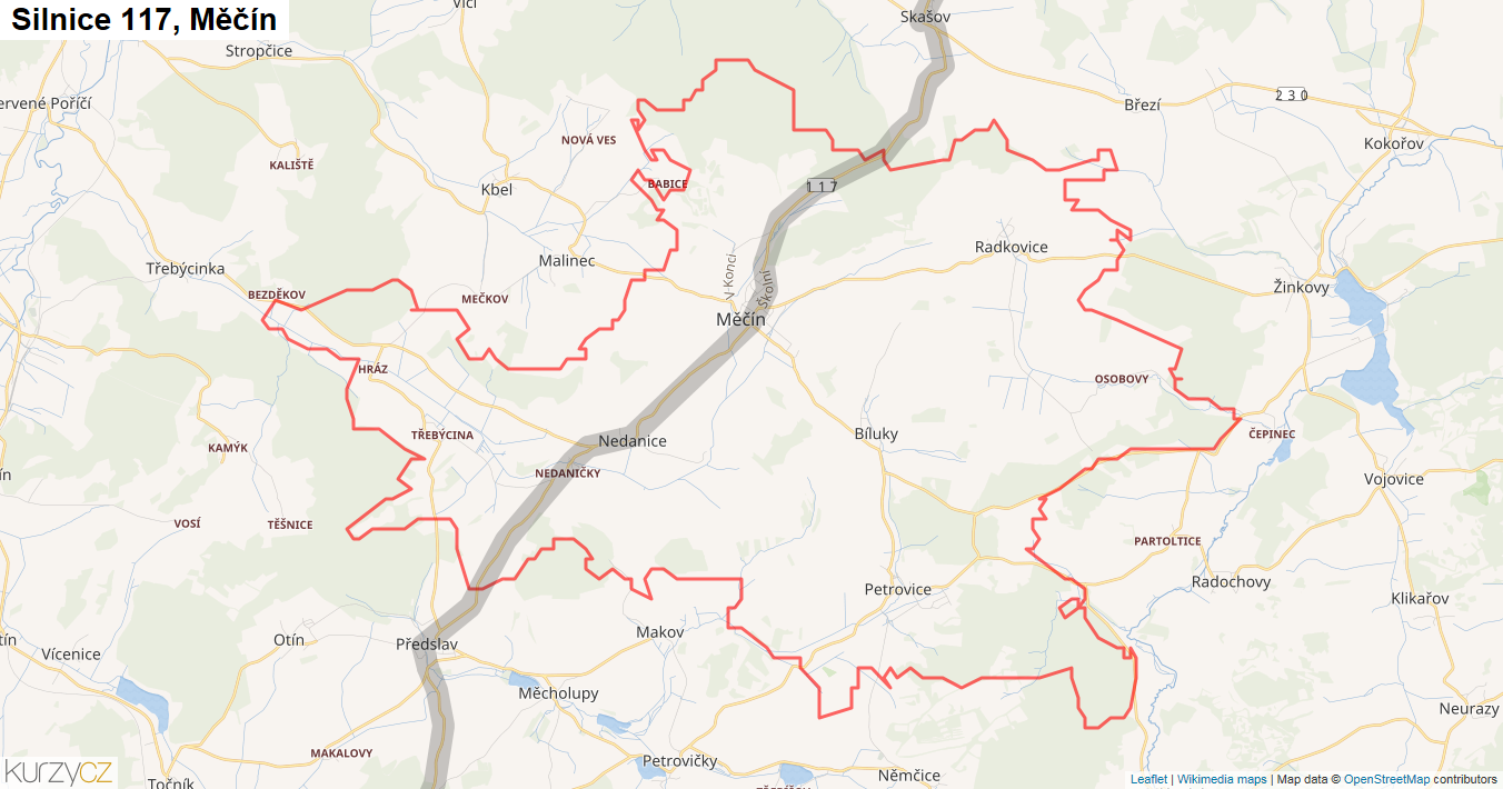Měčín, Silnice 117 - Mapa