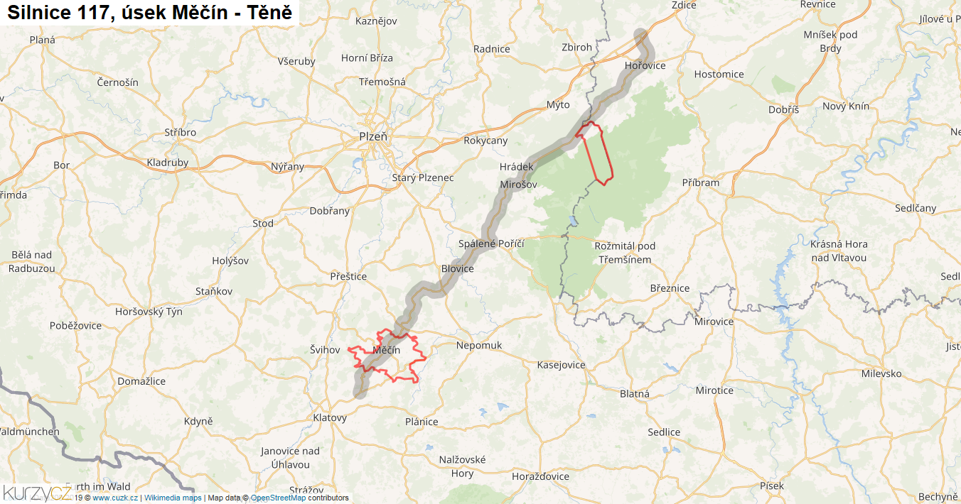 Úsek Měčín - Těně, Silnice 117 - Mapa