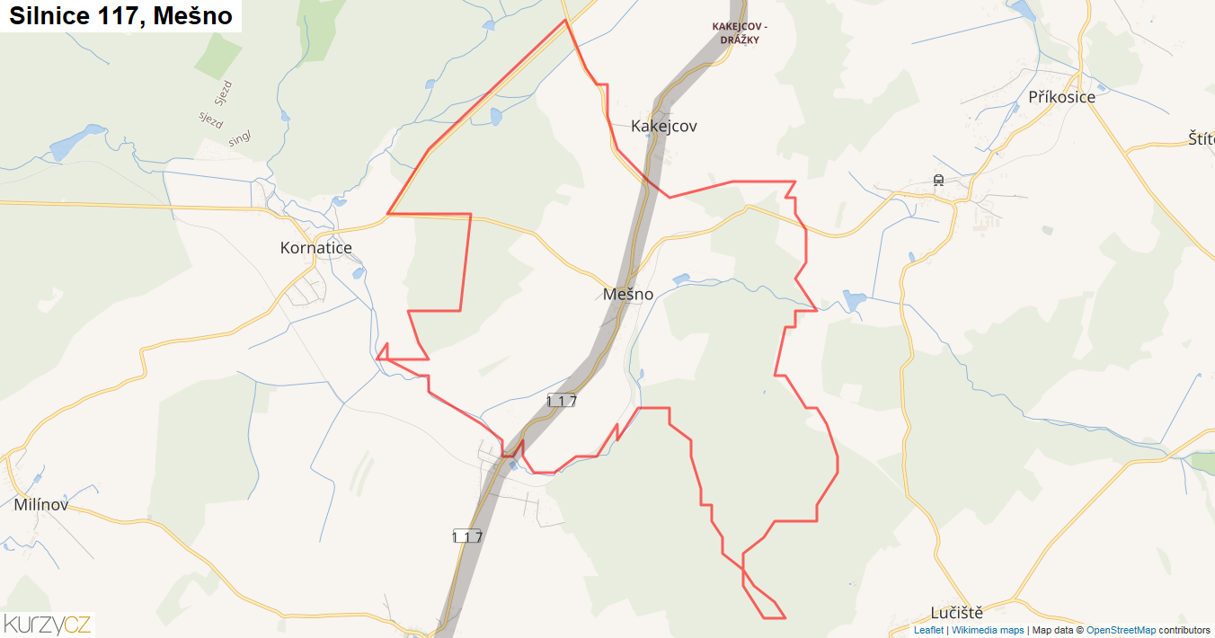 Mešno, Silnice 117 - Mapa