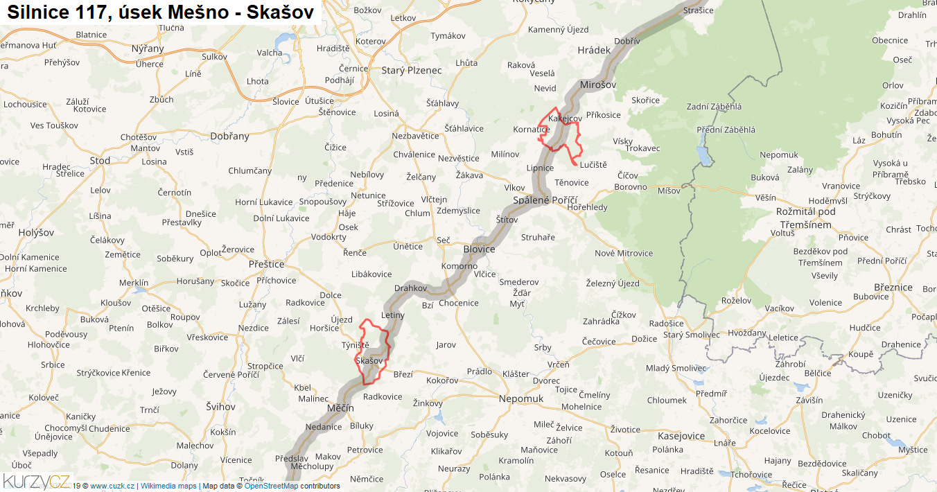 Úsek Mešno - Skašov, Silnice 117 - Mapa