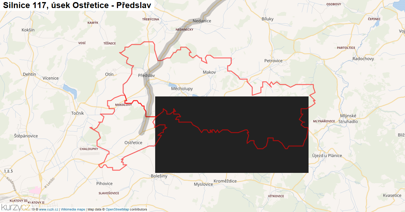Úsek Ostřetice - Předslav, Silnice 117 - Mapa
