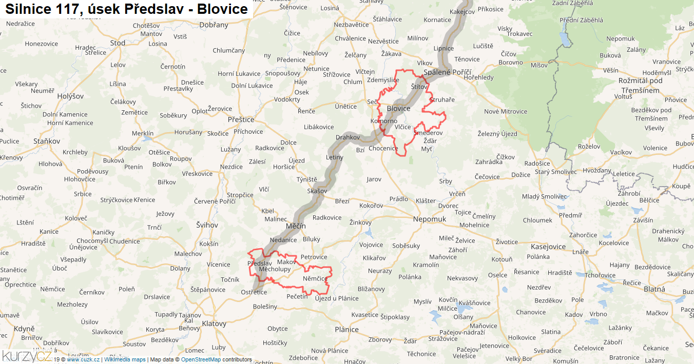 Úsek Předslav - Blovice, Silnice 117 - Mapa