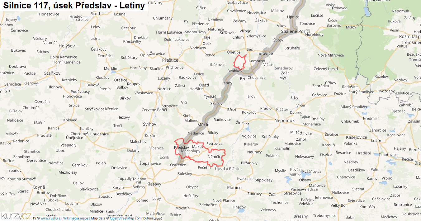 Úsek Předslav - Letiny, Silnice 117 - Mapa