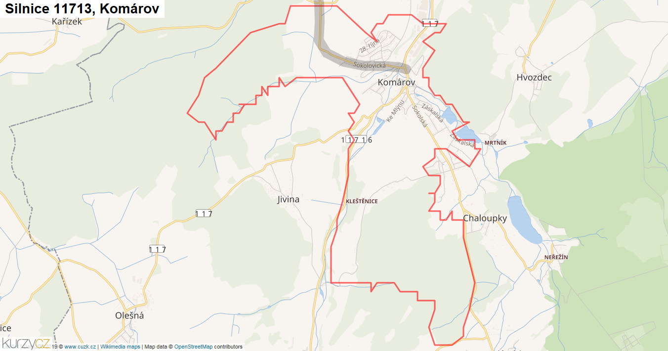 Komárov, Silnice 11713 - Mapa