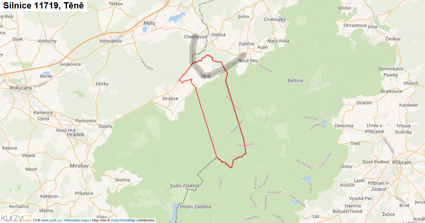 Těně, Silnice 11719 - Mapa