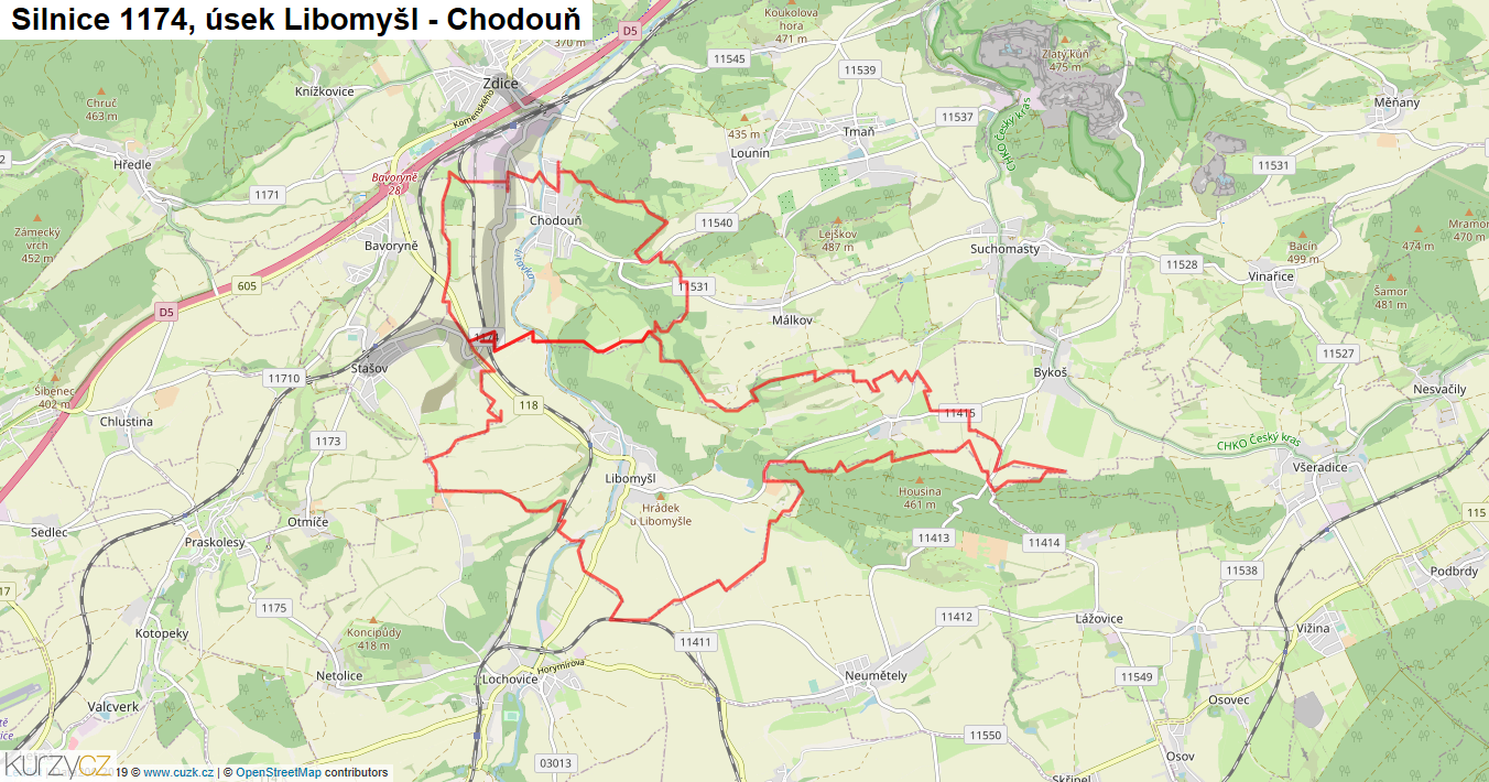 Úsek Libomyšl - Chodouň, Silnice 1174 - Mapa