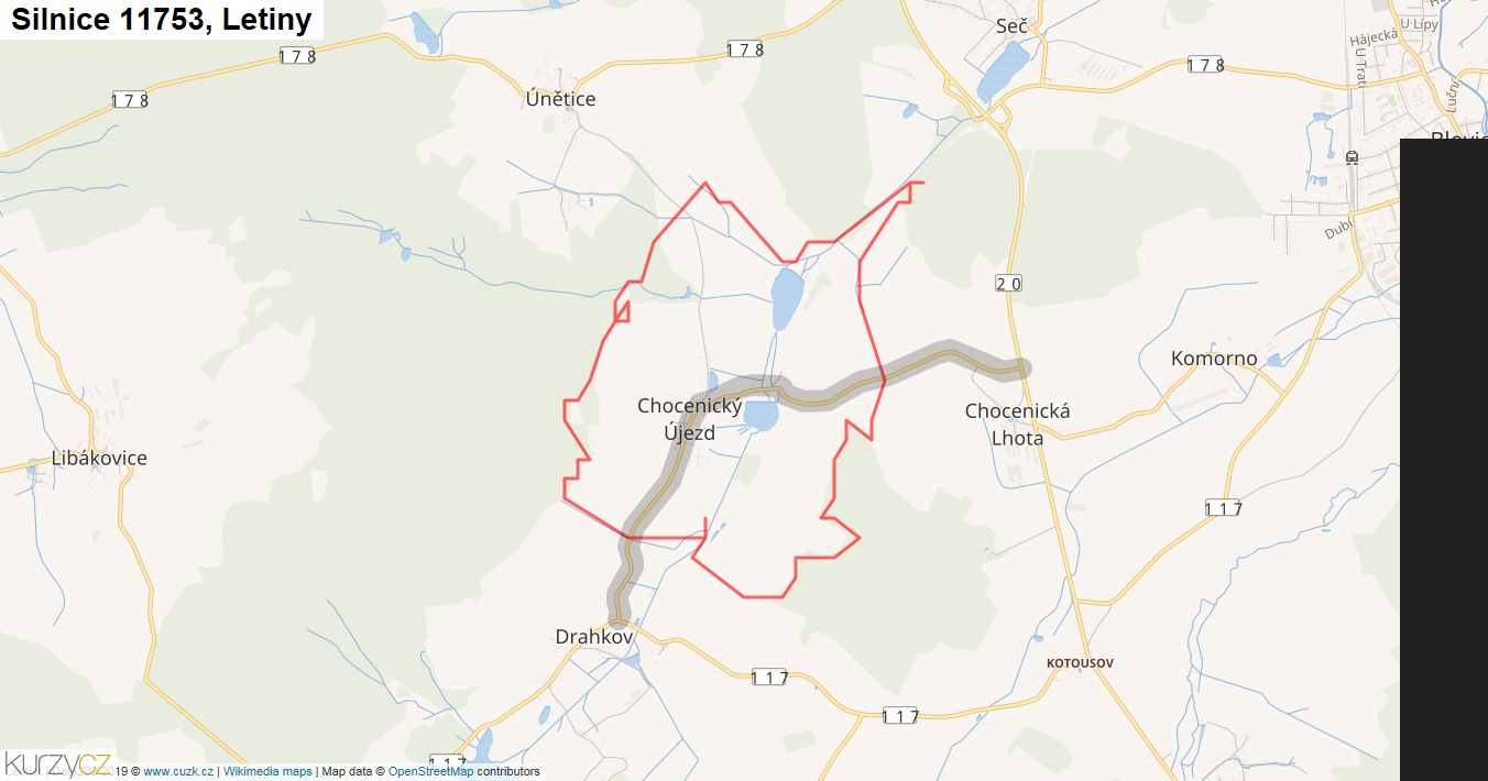 Letiny, Silnice 11753 - Mapa
