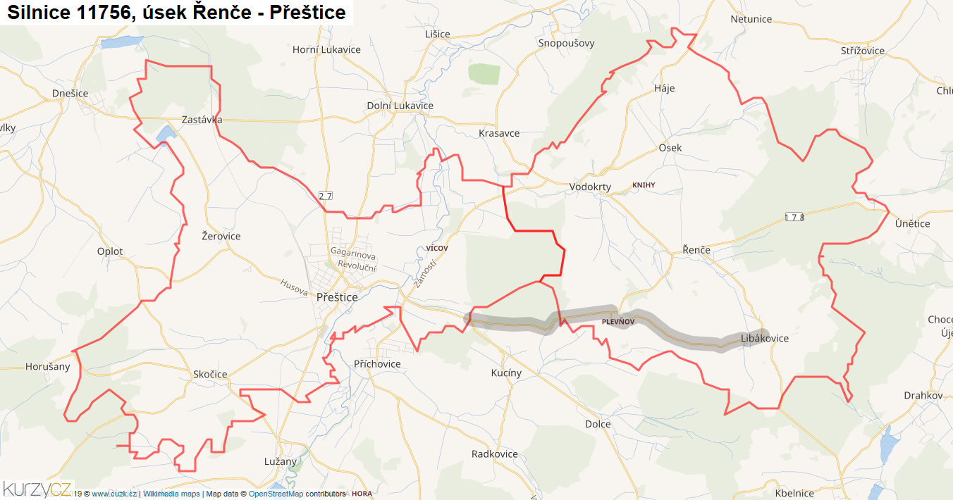 Úsek Řenče - Přeštice, Silnice 11756 - Mapa