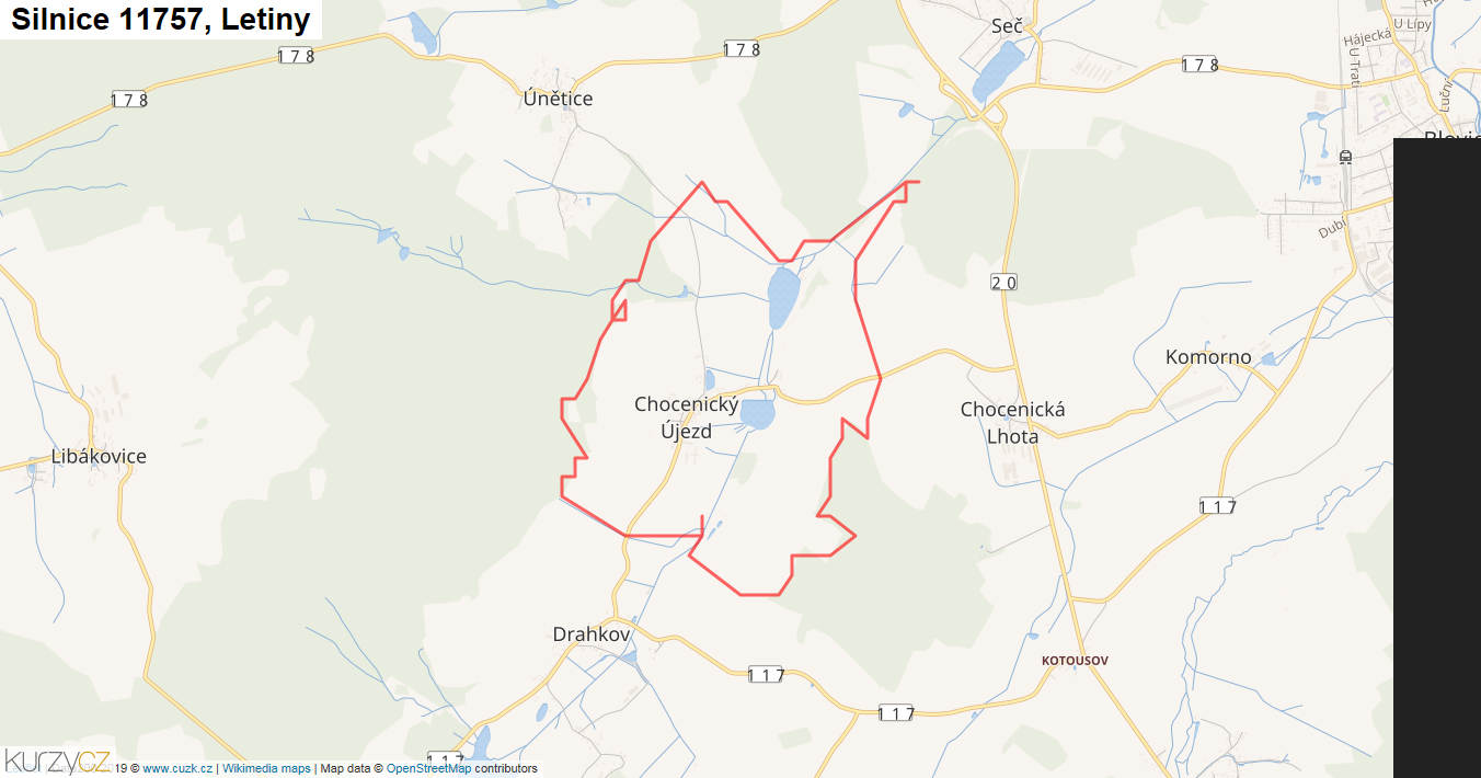 Letiny, Silnice 11757 - Mapa