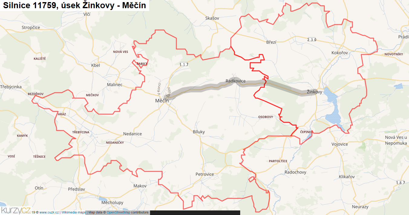 Úsek Žinkovy - Měčín, Silnice 11759 - Mapa