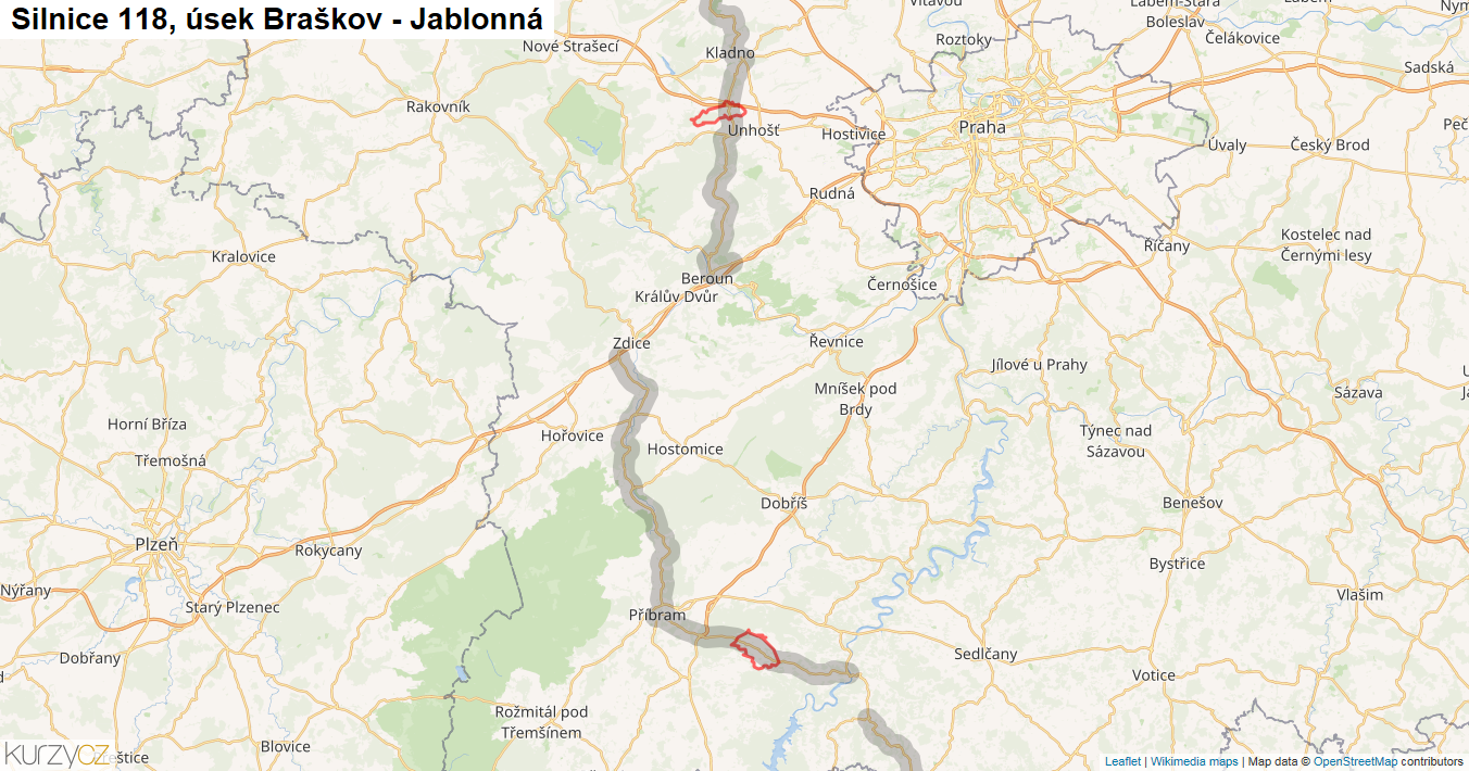 Úsek Braškov - Jablonná, Silnice 118 - Mapa