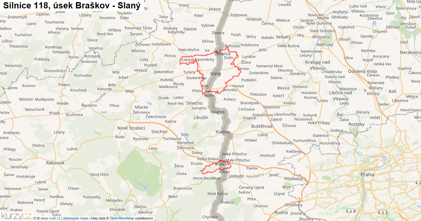 Úsek Braškov - Slaný, Silnice 118 - Mapa