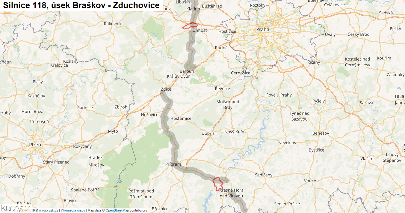 Úsek Braškov - Zduchovice, Silnice 118 - Mapa