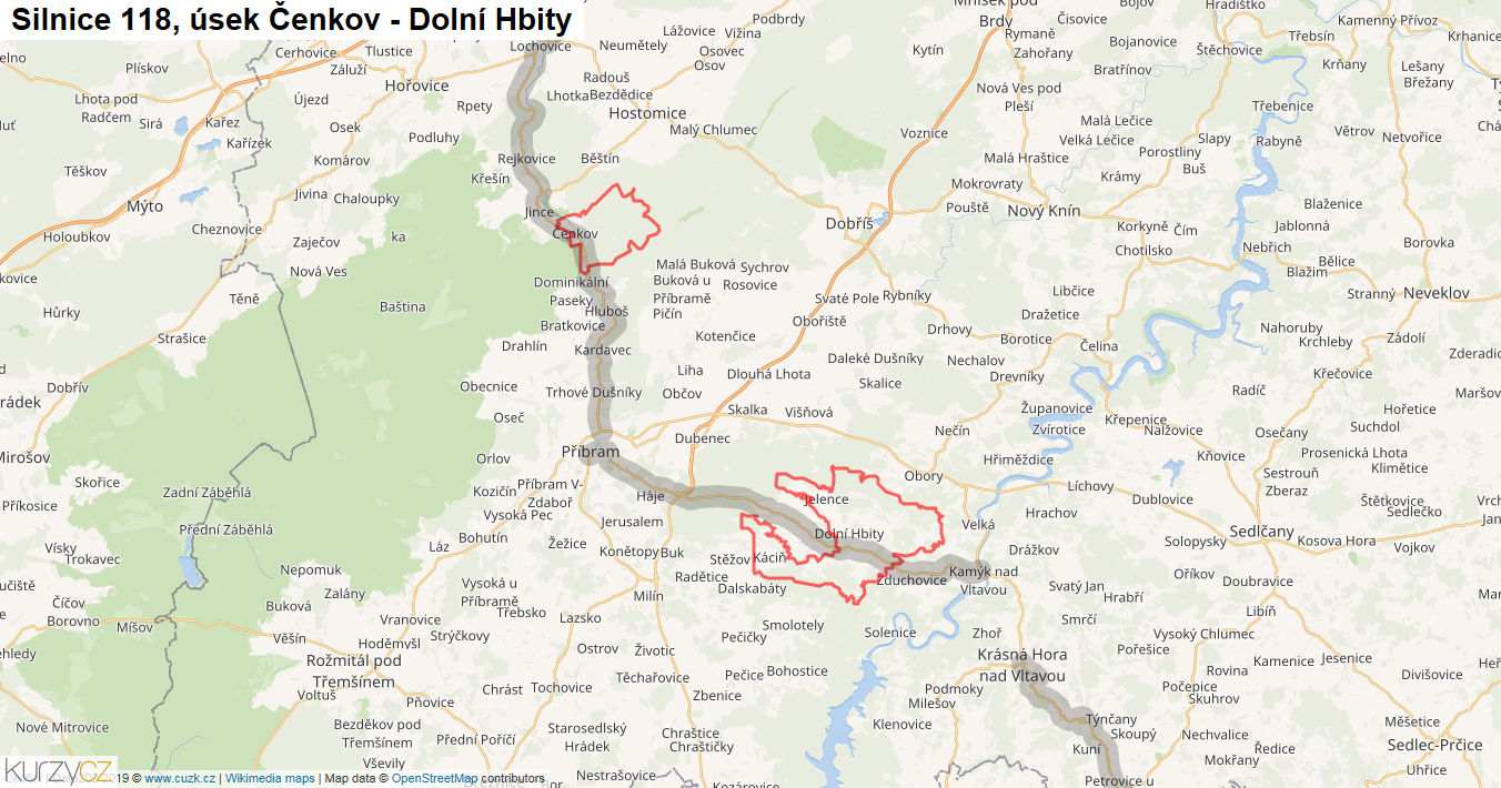Úsek Čenkov - Dolní Hbity, Silnice 118 - Mapa