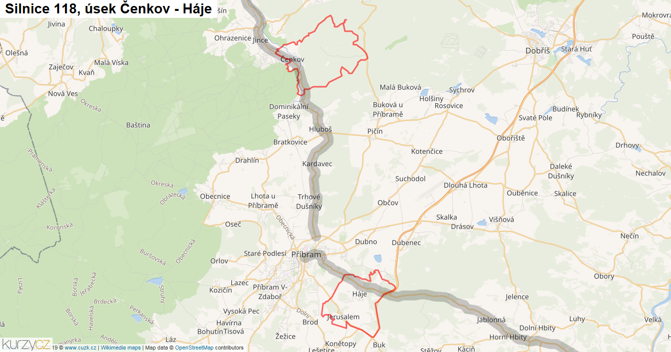 Úsek Čenkov - Háje, Silnice 118 - Mapa
