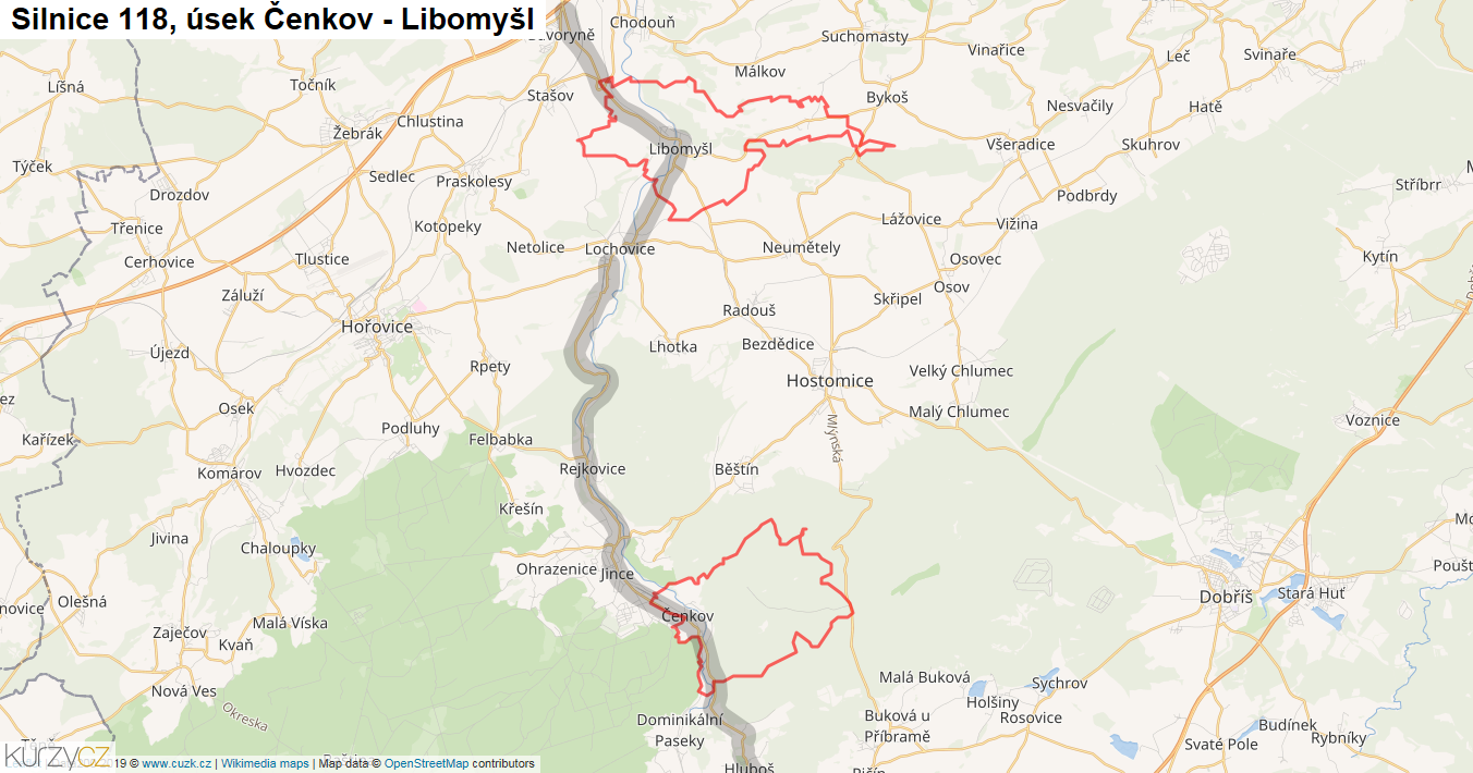Úsek Čenkov - Libomyšl, Silnice 118 - Mapa