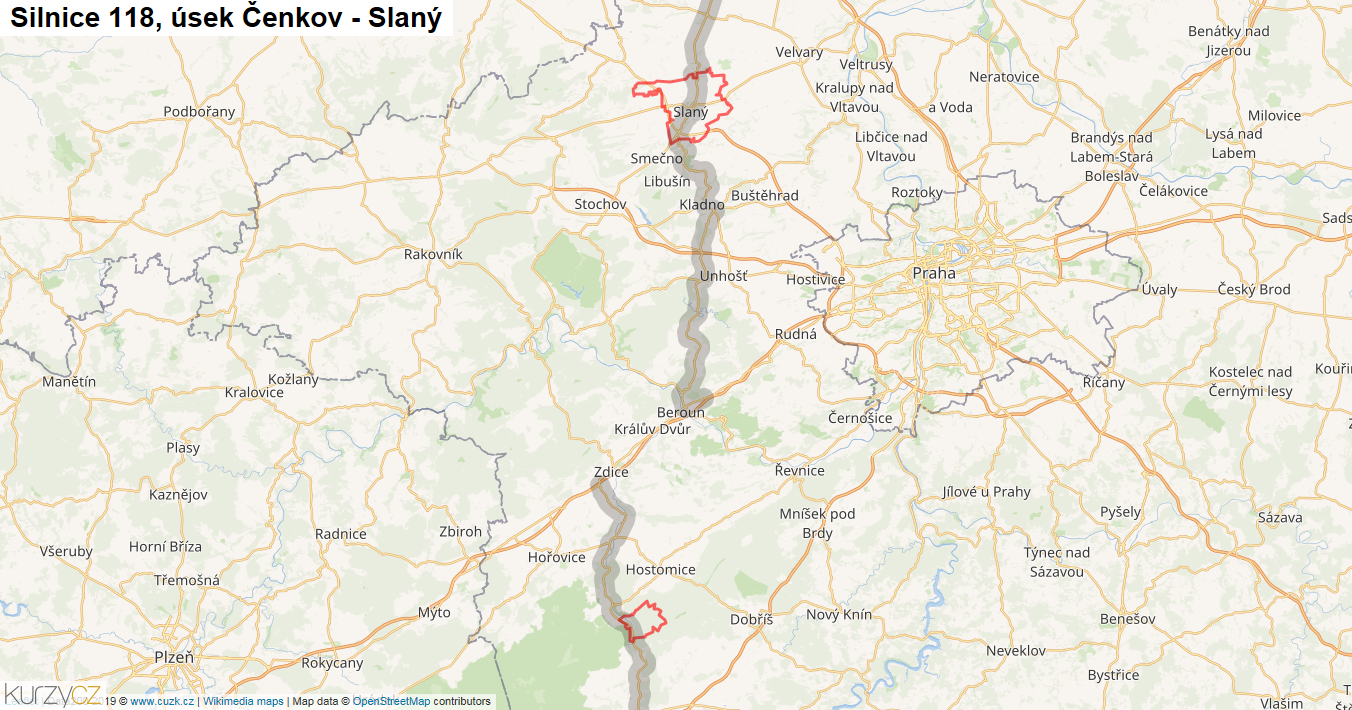 Úsek Čenkov - Slaný, Silnice 118 - Mapa