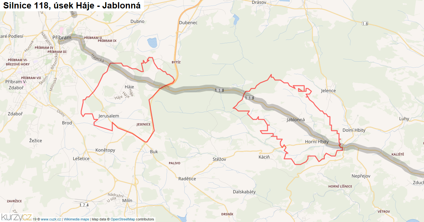 Úsek Háje - Jablonná, Silnice 118 - Mapa