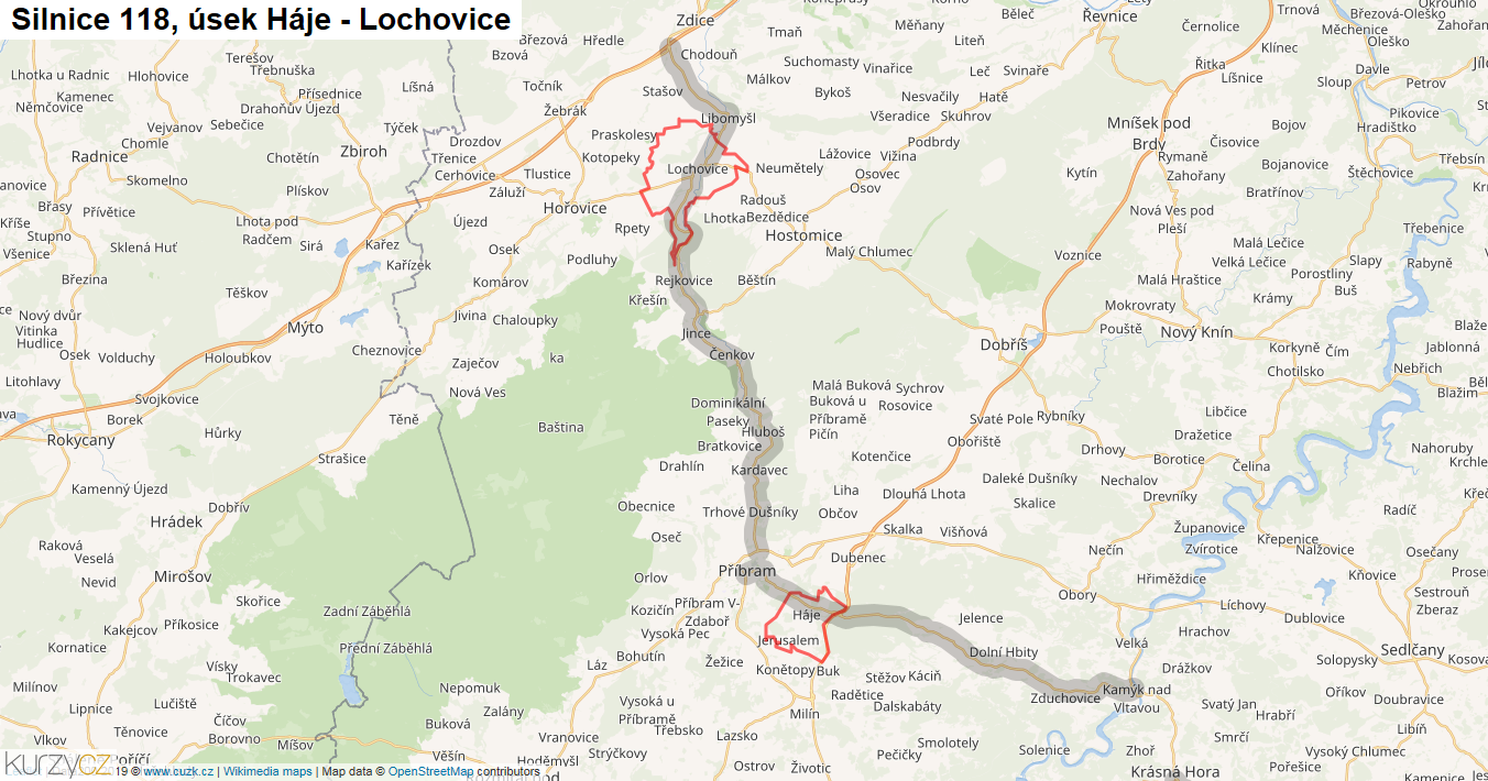 Úsek Háje - Lochovice, Silnice 118 - Mapa