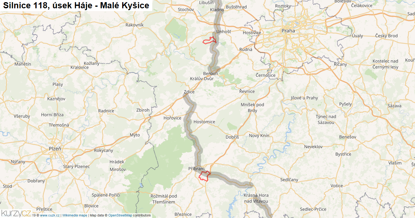 Úsek Háje - Malé Kyšice, Silnice 118 - Mapa