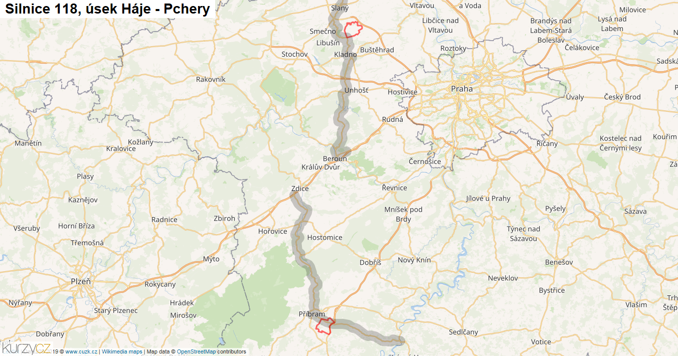 Úsek Háje - Pchery, Silnice 118 - Mapa