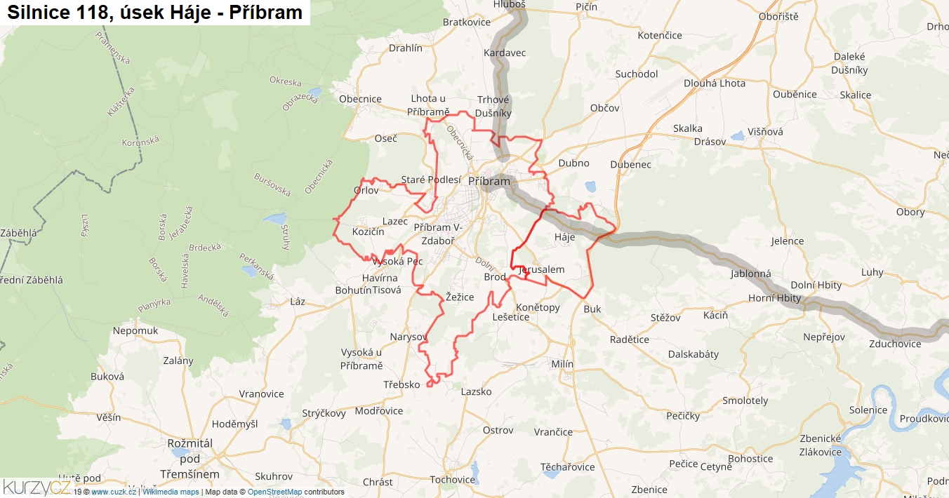 Úsek Háje - Příbram, Silnice 118 - Mapa