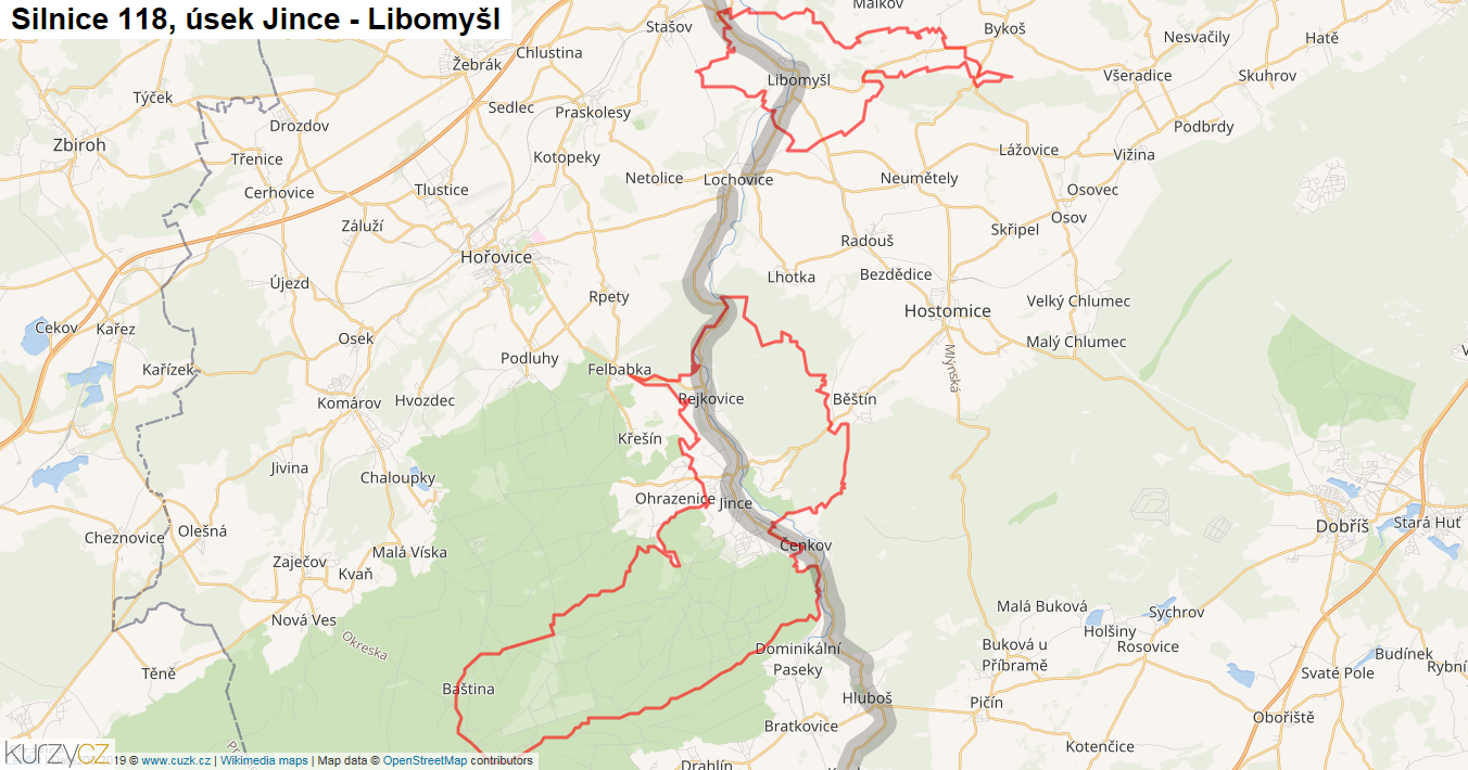 Úsek Jince - Libomyšl, Silnice 118 - Mapa