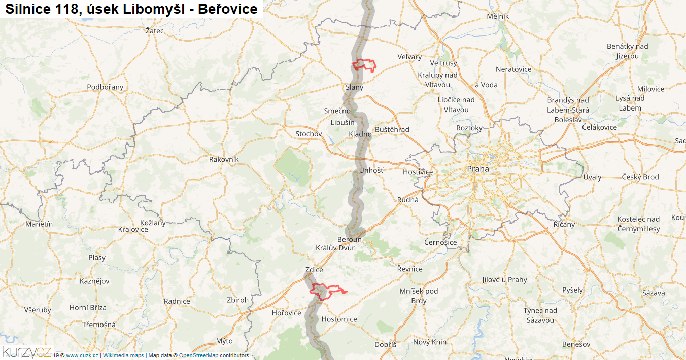 Úsek Libomyšl - Beřovice, Silnice 118 - Mapa